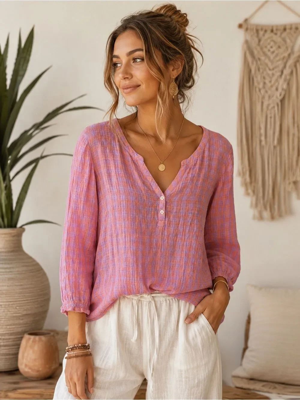 J. Jill Pink-Lavender Button Henley Blouse